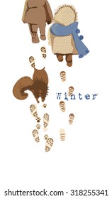 Winter illustration for calendar(children with cat leaving footprints in snow)