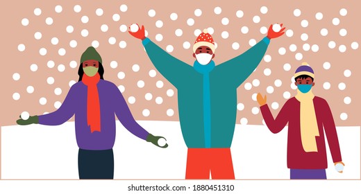 
Winter illustration of cartoon black family wearing masks and fashionable warm clothes. Flat vector. World Snow Day. Pama, mom and son are playing in the snow. An active lifestyle during a pandemic.