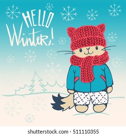 Winter illustration of a cartoon cat in knitted clothes. Vector.  