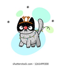 Winter illustration with cat in a deer costume and wtf message. Cute kitten. Vector illustration for a postcard, poster, print for clothes or accessories. New Year and Christmas.