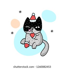 Winter illustration with cat in love. Cute kitten. Vector illustration for a postcard, poster, print for clothes or accessories. New Year and Christmas.