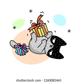 Winter illustration with cat plaing with gift box. Cute kitten. Vector illustration for a postcard, poster, print for clothes or accessories. New Year and Christmas.