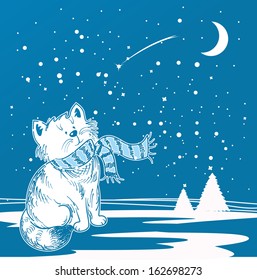 Winter illustration with cat in scarf.