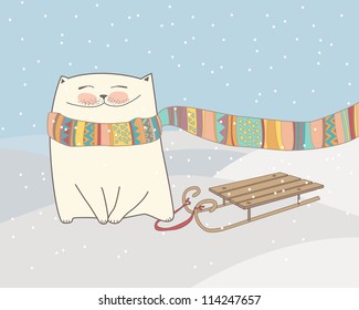 Winter illustration with cat in scarf, sledge and snow. Vector