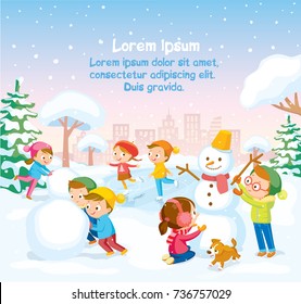 Winter illustration with children making snowman and snowy park