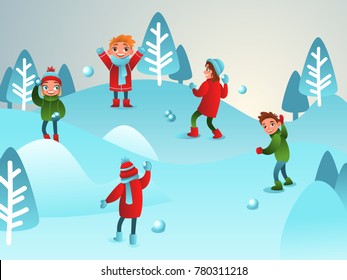 Winter illustration. Children play snowballs. Winter children's games. Boys and girls. Vector illustration