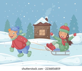 Winter illustration. Christmas illustration with the image of children riding a sleigh. A boy rides a girl on a sled. Funny children on a winter background