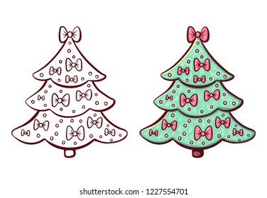 Winter illustration with Christmas tree.  Painted and monochrome version.  Vector