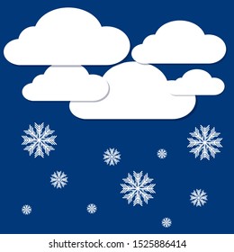 Winter illustration with clouds and snowflakes in the sky.  Vector illustration