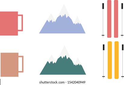 Winter illustration and Cup, mountain, ski and stick