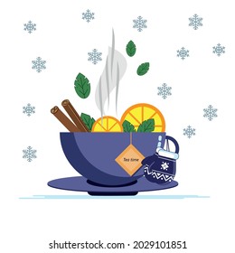 Winter illustration cup of tea. Cute illustration tea mug with lemon, cinnamon and mint. Winter mood. Christmas card. Greeting card. Cozy vibe in winter. The cup of winter tea