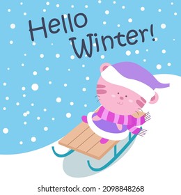 Winter illustration with cute animal 3. Hello winter text messages. perfect for invitations, greeting cards, backgrounds, wallpapers and more