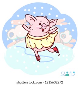 Winter illustration with cute cartoon pig on skates.  Vector