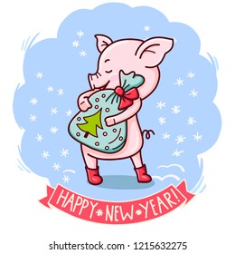 Winter illustration with cute cartoon pig with a gift.  Vector