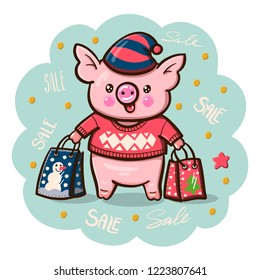 Winter illustration with cute cartoon pig  with the purchases.  Vector