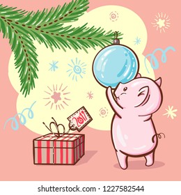 Winter illustration with cute cartoon pig  with Christmas tree and gifts.  Vector