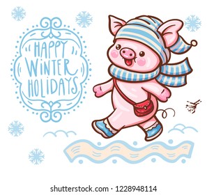 Winter illustration with cute cartoon pig.  Vector