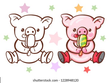 Winter illustration with cute cartoon  pig with ice cream.  Painted and monochrome version.  Vector
