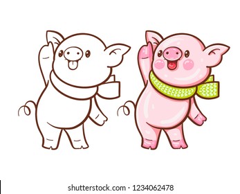 Winter illustration with cute cartoon  pig.  Painted and monochrome version.  Vector