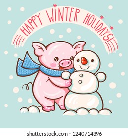 Winter illustration with cute cartoon pig. Vector