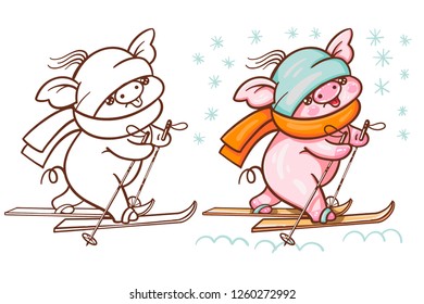 Winter illustration with cute cartoon  pig on skis.  Painted and monochrome version.  Vector