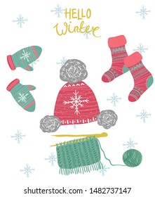 Winter illustration with cute cozy decor: hat, mittens, socks and knitting scarf.