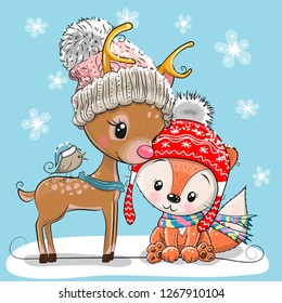 Winter illustration of cute deer fox and bird in hats