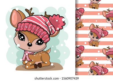 Winter illustration of cute deer in hats with pattern set