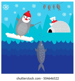 Winter illustration with cute fishing penguin 