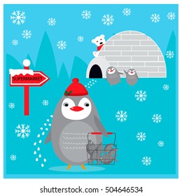 Winter illustration with cute penguin bought  fish in supermarket