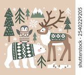 Winter illustration with cute polar animals. Polar bear, reindeer and penguin. Hand drawn Nordic forest illustration. Perfect for tee shirt logo, greeting card, poster or nursery print design.