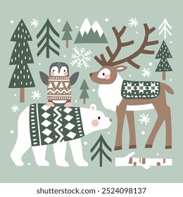 Winter illustration with cute polar animals. Polar bear, reindeer and penguin. Hand drawn Nordic forest illustration. Perfect for tee shirt logo, greeting card, poster or nursery print design.
