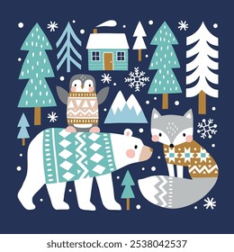 Winter illustration with cute polar animals. Polar bear, polar fox and penguin. Hand drawn Nordic forest illustration. Perfect for tee shirt logo, greeting card, poster or nursery print design.