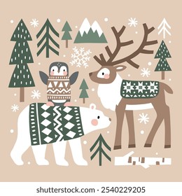 Winter illustration with cute polar animals. Polar bear, reindeer and penguin. Hand drawn Nordic forest illustration. Perfect for tee shirt logo, greeting card, poster or nursery print design.