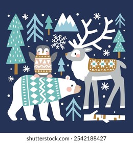 Ilustração de inverno com bonitos animais polares. Urso polar, rena e pinguim. Ilustração desenhada à mão da floresta nórdica. Perfeito para o logotipo da camisa, cartão de saudação, cartaz ou design de impressão de berçário.