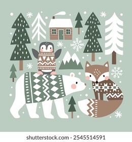 Winter illustration with cute polar animals. Polar bear, polar fox and penguin. Hand drawn Nordic forest illustration. Perfect for tee shirt logo, greeting card, poster or nursery print design.