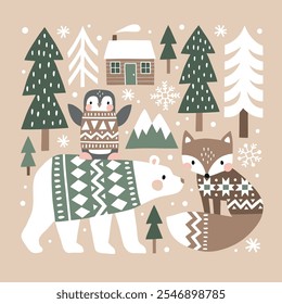 Winter illustration with cute polar animals. Polar bear, polar fox and penguin. Hand drawn Nordic forest illustration. Perfect for tee shirt logo, greeting card, poster or nursery print design.