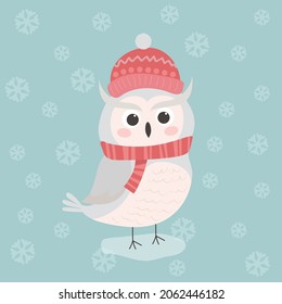 Winter illustration with a cute polar owl in a hat and scarf. Christmas and New Year concept.