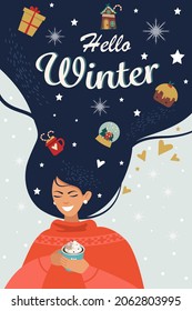 Winter illustration with a cute woman. Girl with a cup in her hands. Hello winter vertical banner. Vector illustration.