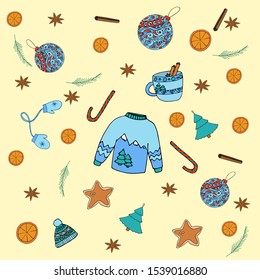 Winter illustration with different details for christmas, new year decorations