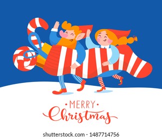 Winter illustration with elfs and gifts. Vector Merry Christmas winter card with cute elfs celebrating holidays. Vector card with cartoon characters elfs holding a sock with gifts and sweets