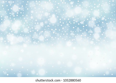 Winter illustration with falling snow, bokeh on blue defocused background. New year, Christmas vector background.