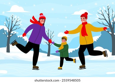 Winter illustration family ice skating. Mother, father and son are skating in the park. Vector, flat.