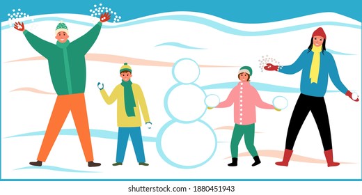 
A winter illustration of a family making a snowman and playing with snow, wearing warm fashionable clothes for various purposes. Flat vector. World Snow Day. Mom, dad, son and daughter are walking 
