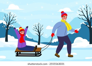 Winter illustration. father carries his daughter on a sled. A man carries a child on a sled. Winter Christmas background. Vector illustration of flat design