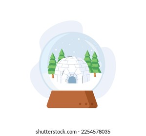 Winter illustration featuring an igloo inside a glass snow globe with pine trees creating a calm festive winter holiday scene, isolated on a white background