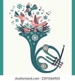 Ilustración de invierno con un cuerno francés con un nido, pájaros, copos de nieve, notas. Colores verdes y rosas. Para postales, invitaciones a conciertos, pancartas, afiches