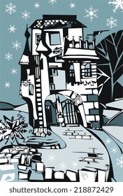 Winter illustration of frozen castle. Vector.