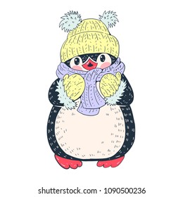 Winter illustration with funny cartoon penguin.  Vector illustration.