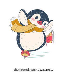 Winter illustration with funny cartoon penguin on skates . Vector.